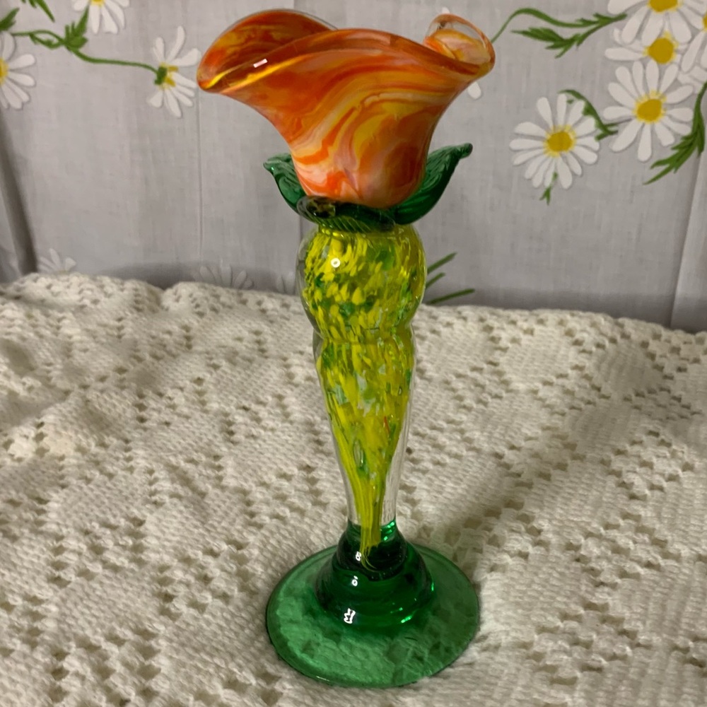 Vintage hand blown glass speckle green orange rose decorative art glass - Picture 1 of 8